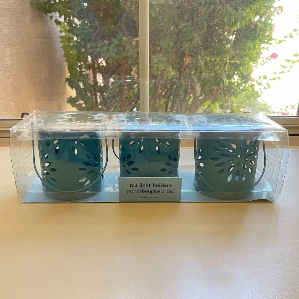 New Pier 1 Tea Light Holders Set of 3 Metal with Handle Teal Turquoise Blue